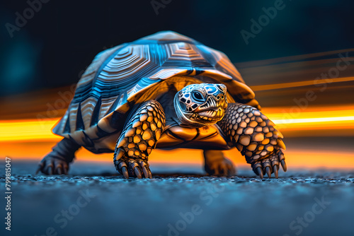 A terrestrial organism, Kemps ridley sea turtle, is crossing a road at night photo