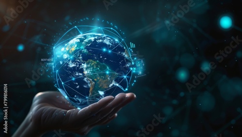 Hand holding glowing earth with global network and connectivity concept