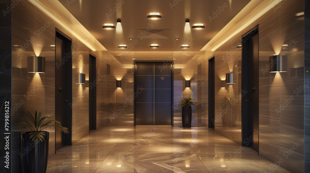 Modern, welcoming entry hall in a luxury apartment lit by small Italian fixtures.