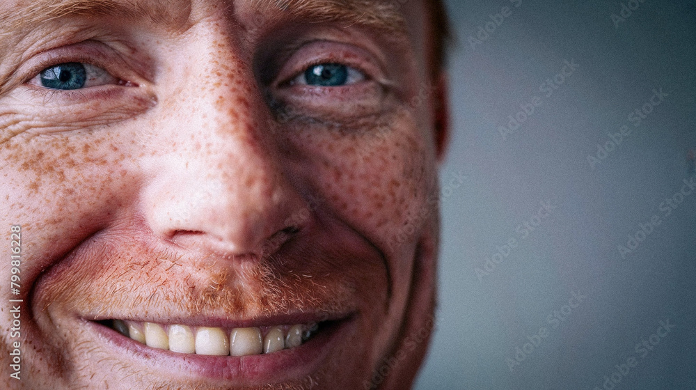 Close-Up Man Redhead Very Detailed Faces Smiling Natural Skin Age 40 Close-Up Man Redhead Very Detailed Faces Smiling Natural Skin Age 40