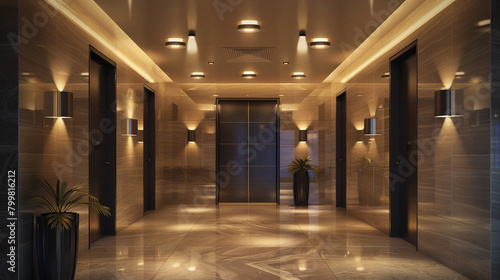 Modern  welcoming entry hall in a luxury apartment lit by small Italian fixtures.