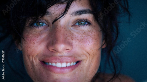 Close-Up Dark-Haired Woman Very Detailed Faces Smiling Natural Skin Age 40