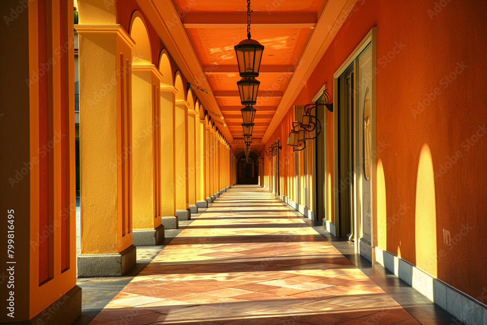 Brightly lit corridor with Italian ceiling lights, enhancing architectural depth. Brightly lit corridor with Italian ceiling lights, enhancing architectural depth.