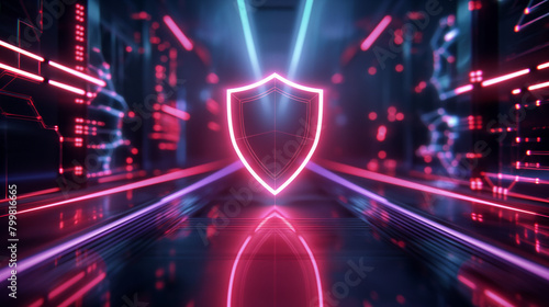 A striking neon blue cybersecurity shield inside a 3D corridor filled with digital data lines