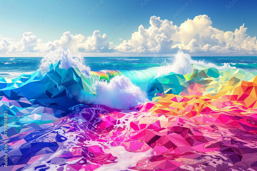 Geometric waves crashing on a shore of vibrant colors,