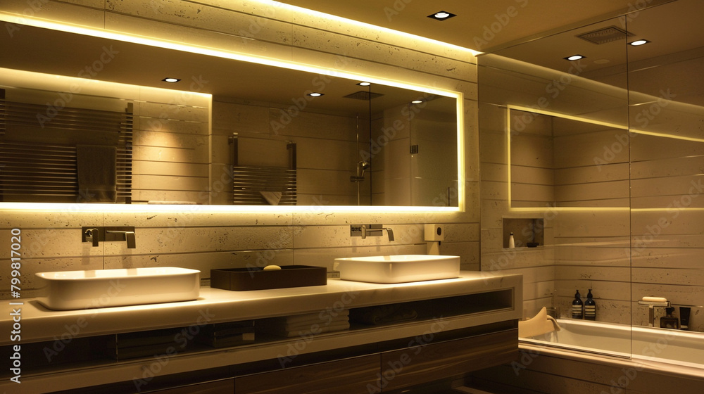 Refined bathroom setup with serene lighting from Italian fixtures. Refined bathroom setup with serene lighting from Italian fixtures.