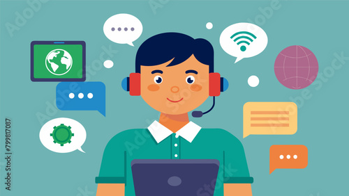 A student with speech delays using a communication device with preprogrammed symbols and words to participate in class discussions.. Vector illustration photo