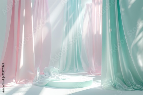 A room with a white background and a pink, blue, and green curtain