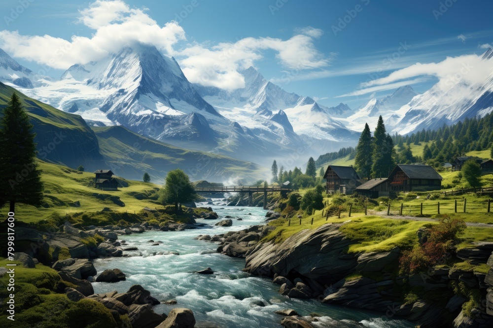 Wooden houses near a river in Switzerland. Mountain range. Bridge. Trees with green leaves. The mountains are covered with snow. Serene scene. Blue sky with white clouds. Generative AI.