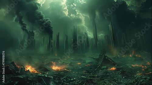 A charred burnt earth, cities totally destroyed and smoking with green fire, rocks and dead trees, apocalyptic wasteland. Generative AI.