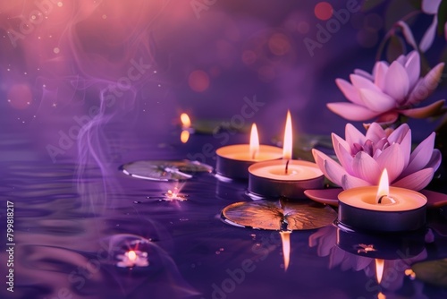 A serene spa background with burning candles and lotus. Generate AI image