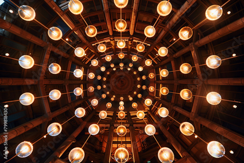 Upward view of Italian light fixtures in a conference center, showing their ceiling pattern. photo