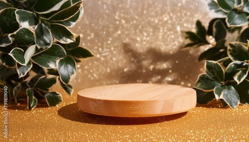 gold glitter defocused abstract twinkly lights grunge background. Rounded wooden podium for products or cosmetics with beautiful wall with shadows, Ai Generate