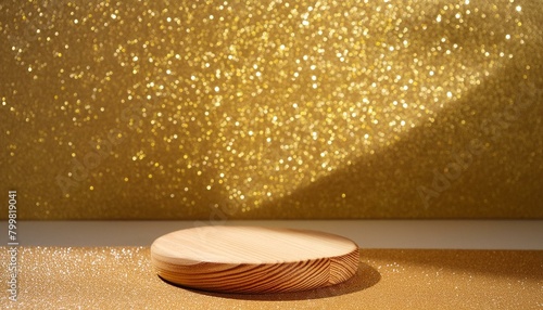 gold glitter defocused abstract twinkly lights grunge background. Rounded wooden podium for products or cosmetics with beautiful wall with shadows, Ai Generate
