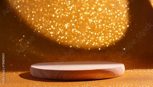 gold glitter defocused abstract twinkly lights grunge background. Rounded wooden podium for products or cosmetics with beautiful wall with shadows, Ai Generate
