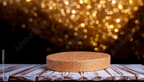 gold glitter defocused abstract twinkly lights grunge background. Rounded wooden podium for products or cosmetics with beautiful wall with shadows, Ai Generate