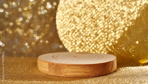 gold glitter defocused abstract twinkly lights grunge background. Rounded wooden podium for products or cosmetics with beautiful wall with shadows, Ai Generate