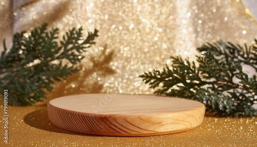 gold glitter defocused abstract twinkly lights grunge background. Rounded wooden podium for products or cosmetics with beautiful wall with shadows, Ai Generate