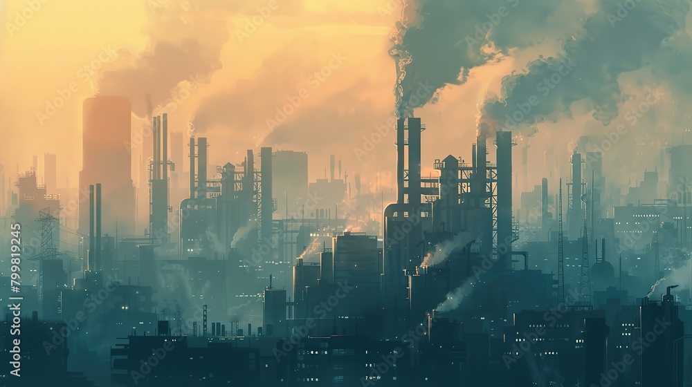 factory in nature landscape with big chimney smoke, air pollution. Sustainability, industry, manufacturing, emission concept. copy space for text.