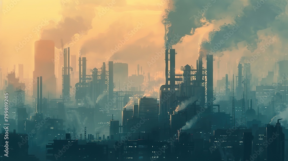 Fototapeta premium factory in nature landscape with big chimney smoke, air pollution. Sustainability, industry, manufacturing, emission concept. copy space for text.