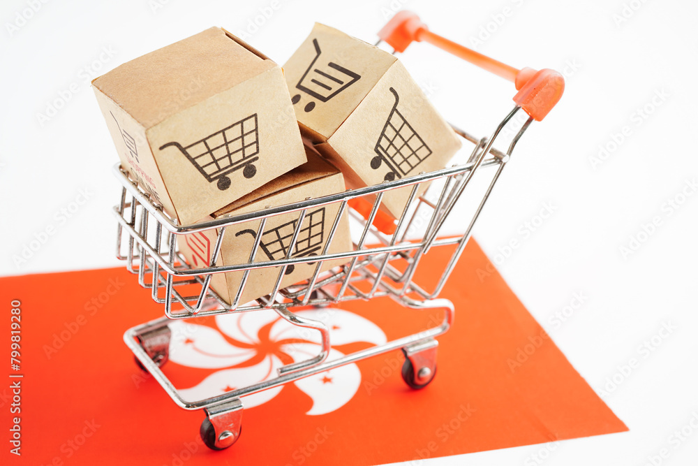 Online shopping, Shopping cart box on Hong Kong flag, import export, finance commerce.