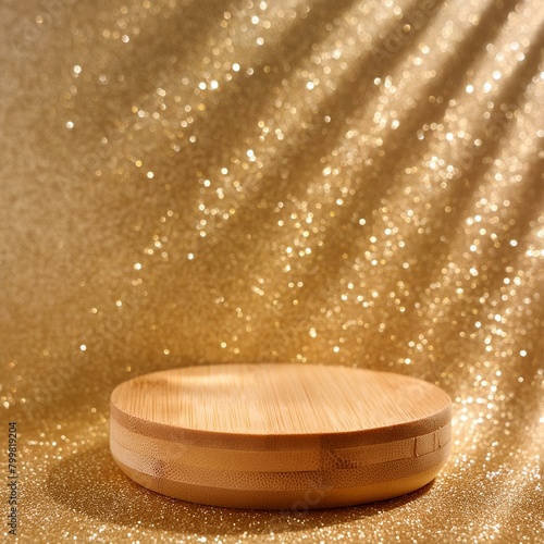 gold glitter defocused abstract twinkly lights grunge background. Rounded wooden podium for products or cosmetics with beautiful wall with shadows, Ai Generate