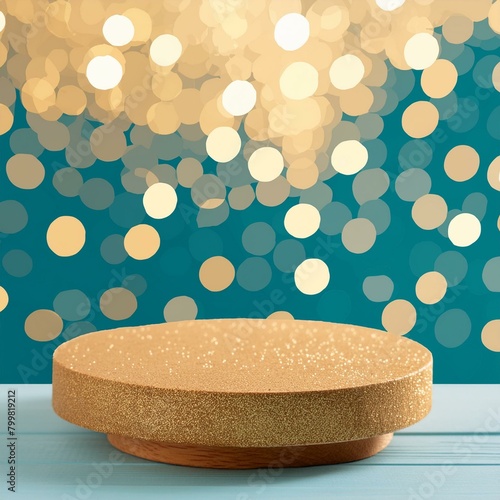 gold glitter defocused abstract twinkly lights grunge background. Rounded wooden podium for products or cosmetics with beautiful wall with shadows, Ai Generate