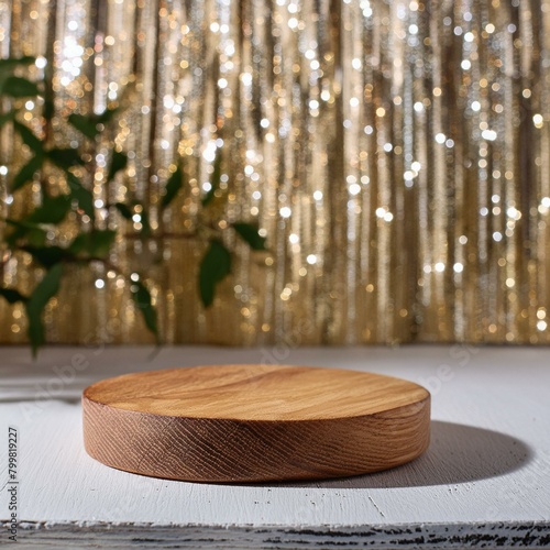 gold glitter defocused abstract twinkly lights grunge background. Rounded wooden podium for products or cosmetics with beautiful wall with shadows, Ai Generate