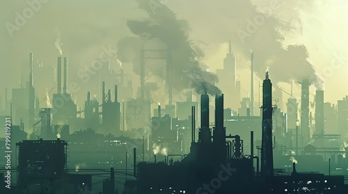 factory in nature landscape with big chimney smoke, air pollution. Sustainability, industry, manufacturing, emission concept. copy space for text. photo