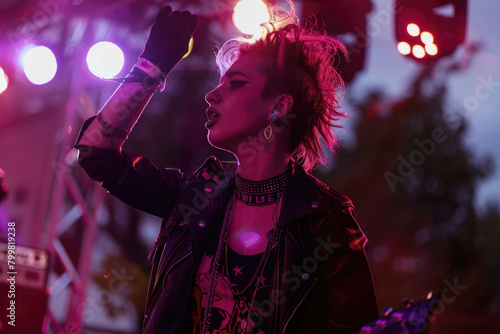 A young woman in punk rock attire, performing at a concert