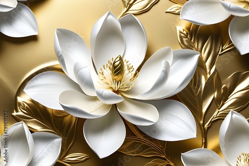 Elegant white magnolia blooms against a textured golden backdrop, floral decoration element pattern. perfect for themes of luxury and serenity. generative ai