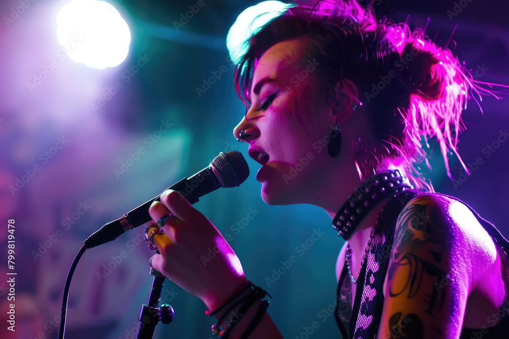 A young woman in punk rock attire, performing at a concert