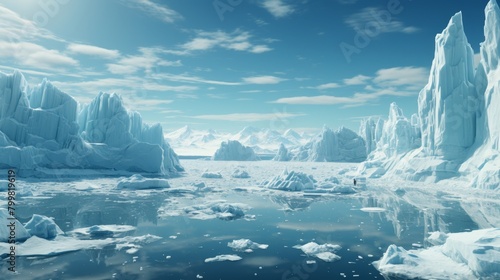 Icebergs floating in the Arctic sea.