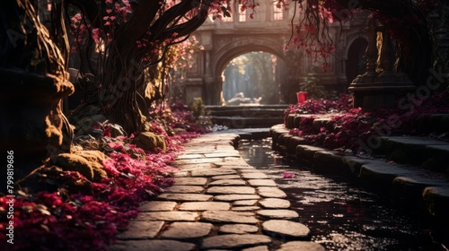 pathway in a magical garden with pink flowers and a stone bridge in the background