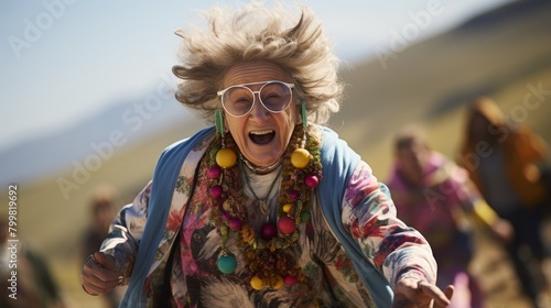 Old granny with crazy hair and sunglasses running in slow motion