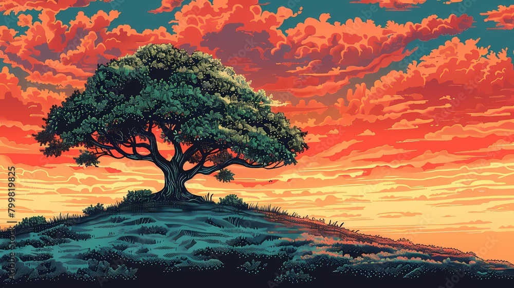 beautiful tree on a hill illustration poster background