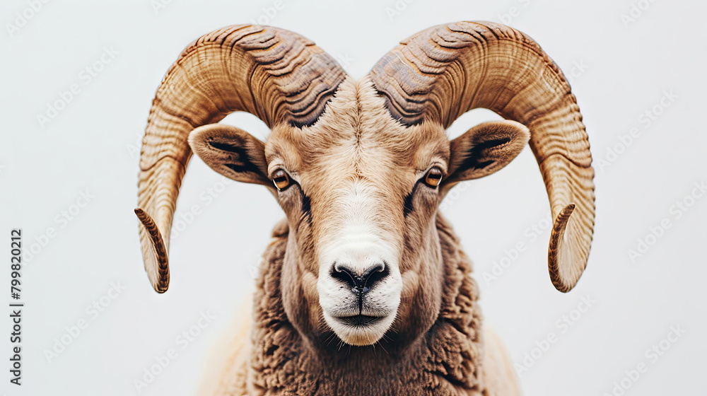 A portrait of a majestic horned ram with thick wool, captured against a white isolated background, showcasing its regal presence and rugged beauty A portrait of a majestic horned ram with thick wool, captured against a white isolated background, showcasing its regal presence and rugged beauty