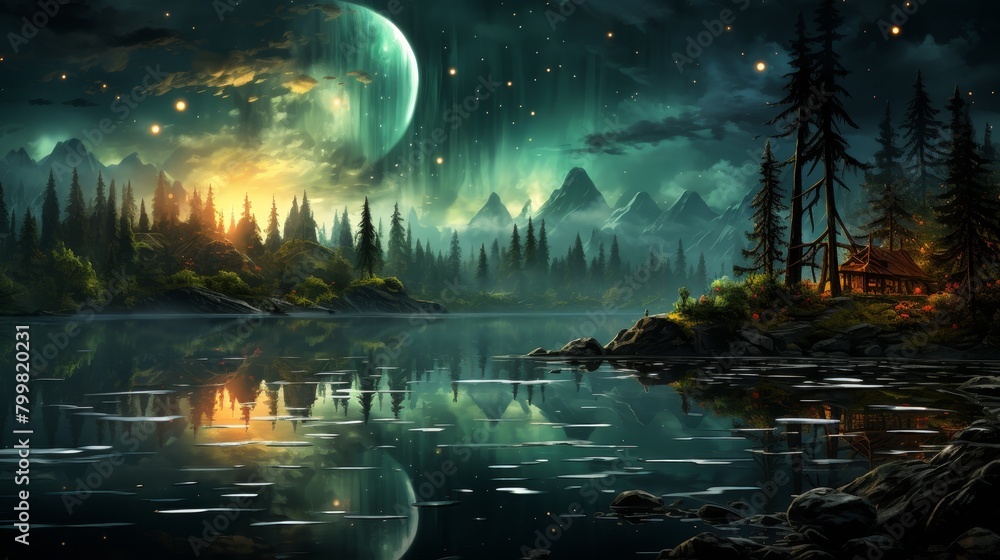 A beautiful painting of a moonlit forest lake. The water is calm and still, ut to touch the sky. I