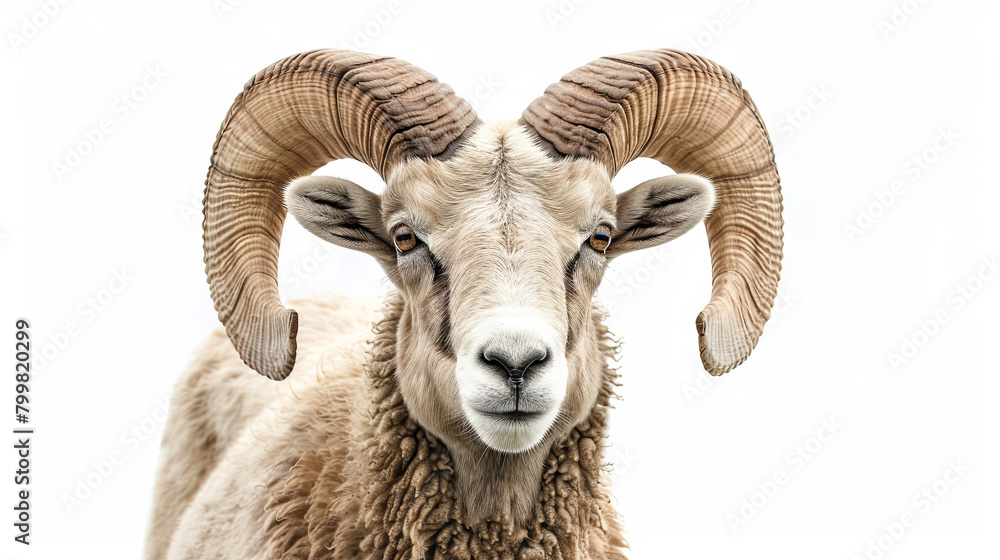 Portrait of a horned ram with big wool on a white isolated background Portrait of a horned ram with big wool on a white isolated background