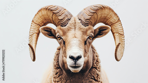 A portrait of a majestic horned ram with thick wool, captured against a white isolated background, showcasing its regal presence and rugged beauty