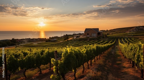 A beautiful sunset over a vineyard with a house in the background