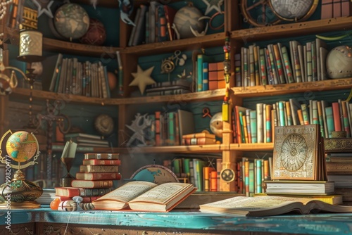 A room with a large bookshelf filled with books and a globe on a table © Phuriphat