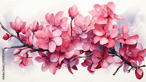A branch of pink cherry blossoms painted in watercolor.