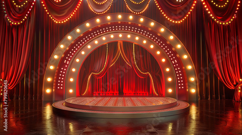 Stage with a beautiful podium and red curtains for performances