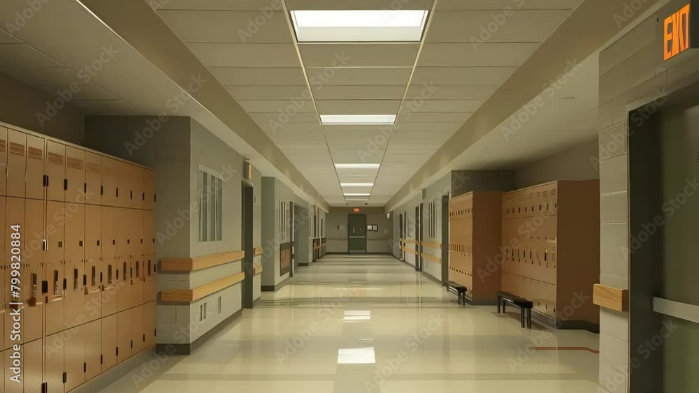Explore the animated depiction of a high school corridor with lockers. Capturing the essence of secondary education, it brings to life the American school experience Explore the animated depiction of a high school corridor with lockers. Capturing the essence of secondary education, it brings to life the American school experience