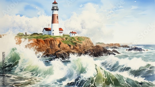 A lighthouse on a rocky coast with big waves crashing against it.