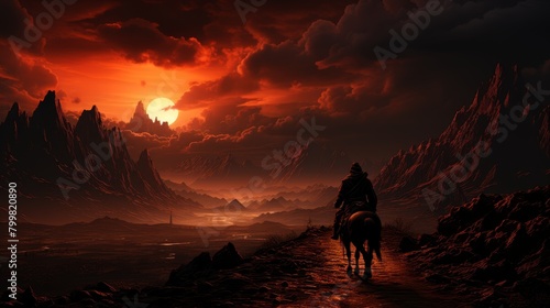 A lone cowboy rides through a desolate landscape. The sky is red and the ground is cracked.