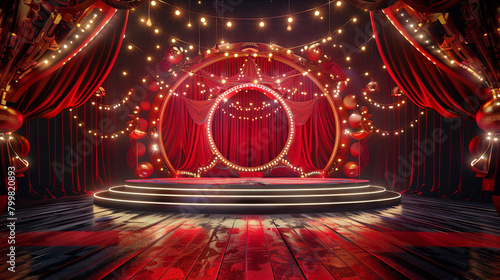 A stage adorned with a podium and enveloped by rich red curtains, creating a dramatic backdrop for captivating performances and presentations