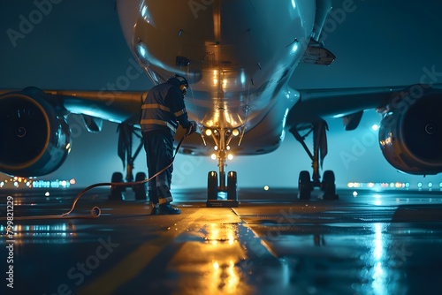 Nighttime Inspection of Aircraft on Runway by Technician. Concept Aircraft Maintenance, Nighttime Inspection, Runway Operations, Technician Safety, Aircraft Security