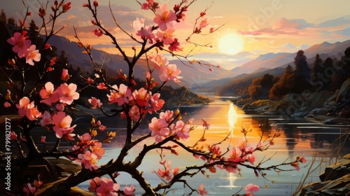 A cherry blossom tree in full bloom against the backdrop of a setting sun over a calm lake and mountains in the distance. © charunwit